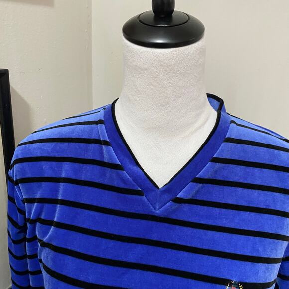 Tommy Hilfiger Velour Pullover Size Medium Blue V-Neck Black Stripe with Logo - Picture 5 of 8
